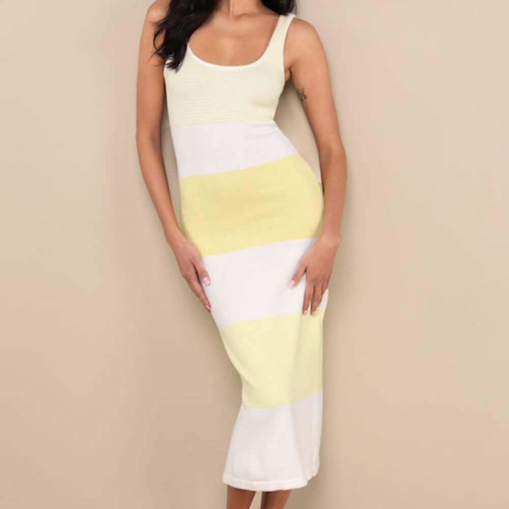 Lulus Easily Gorgeous Ivory And Yellow Striped Midi Sweater Dress White - Size S